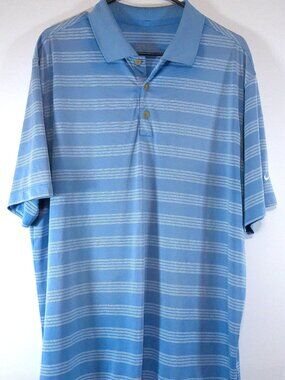 Nike Golf Men’s Polo Shirt Large Blue White Striped Dri-FIT Short Sleeve Swoosh